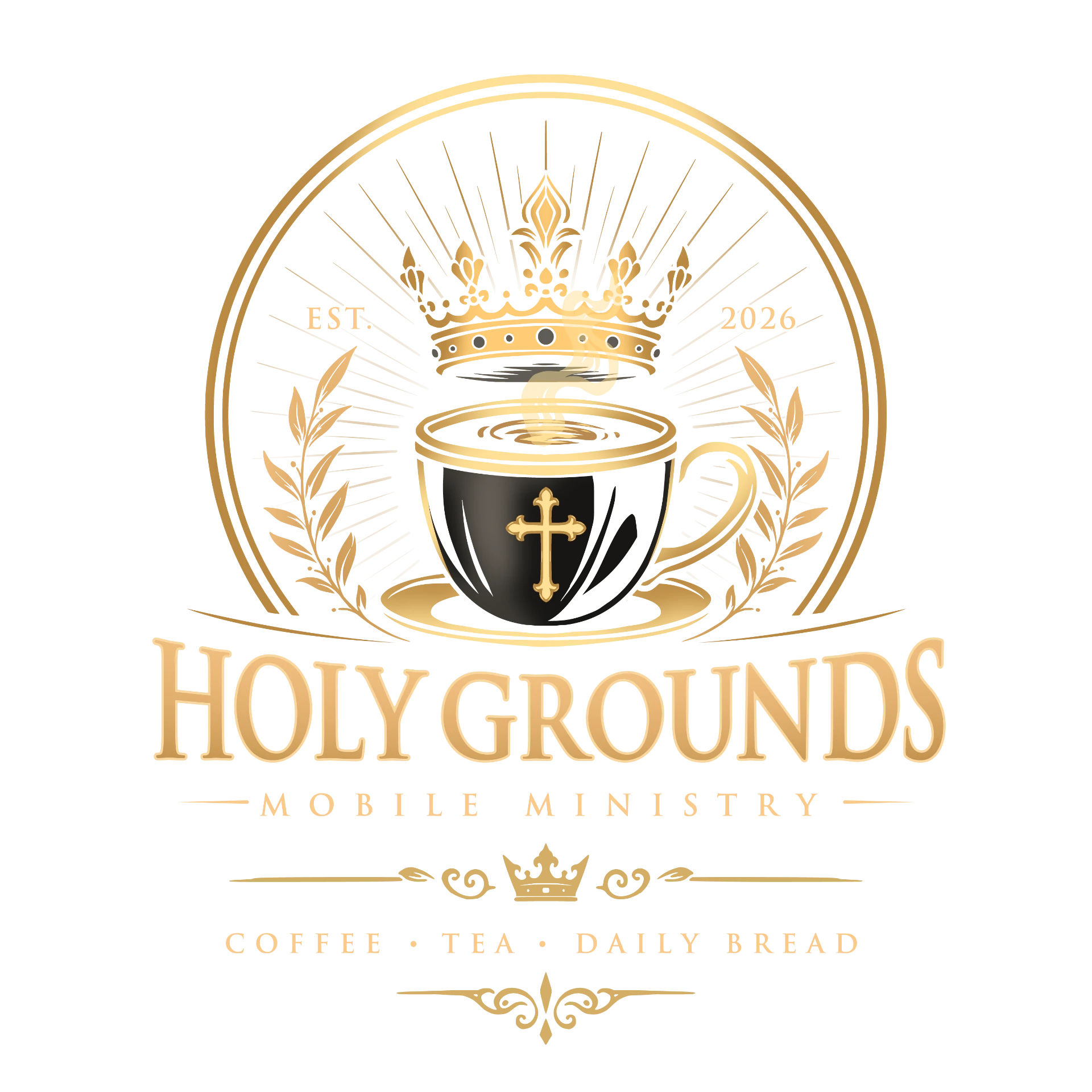 Holy Grounds Mobile Ministry crest: a crowned coffee cup with a cross