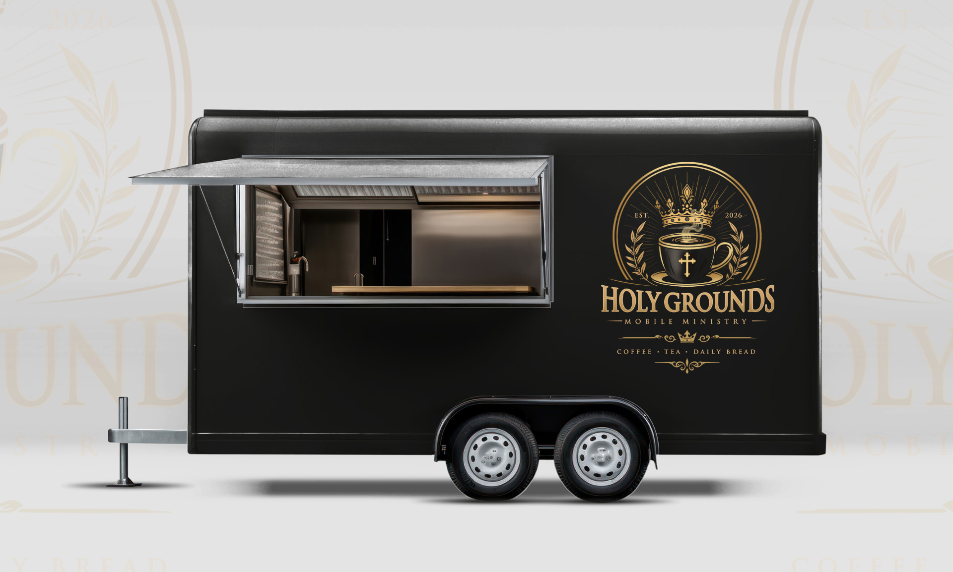The custom-built matte black Holy Grounds coffee trailer with its gold crest and open service window
